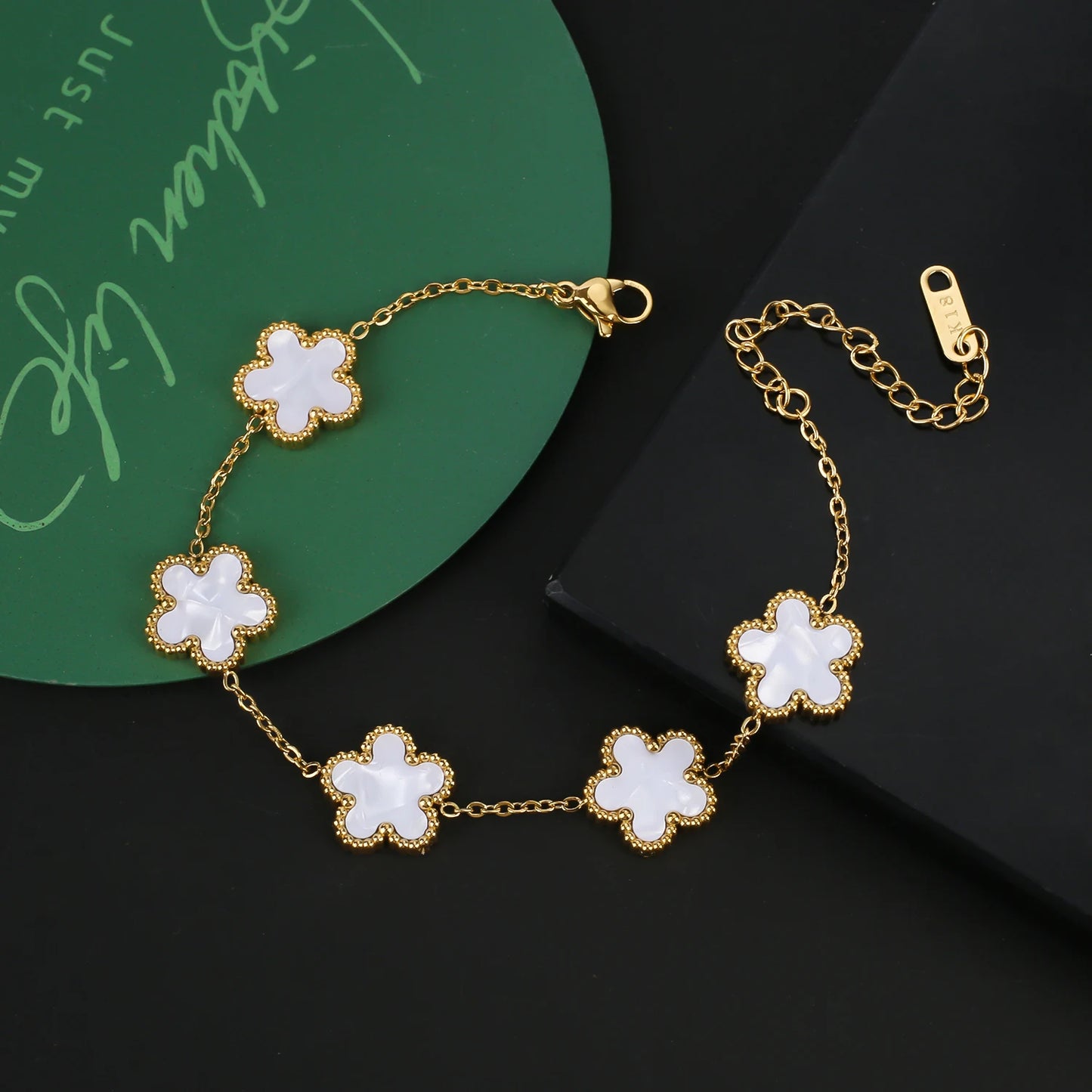 Stainless Steel Five Leaf Flower Clover Jewelry Set-Necklace, Bracelet, Earrings SET
