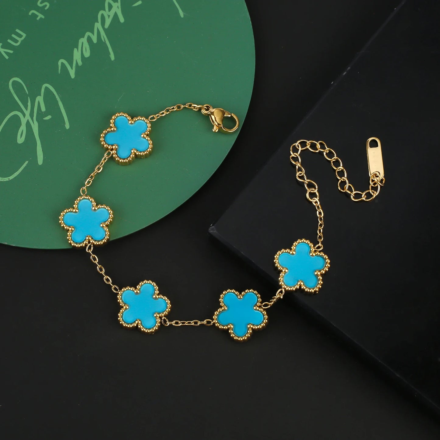 Stainless Steel Five Leaf Flower Clover Jewelry Set-Necklace, Bracelet, Earrings SET
