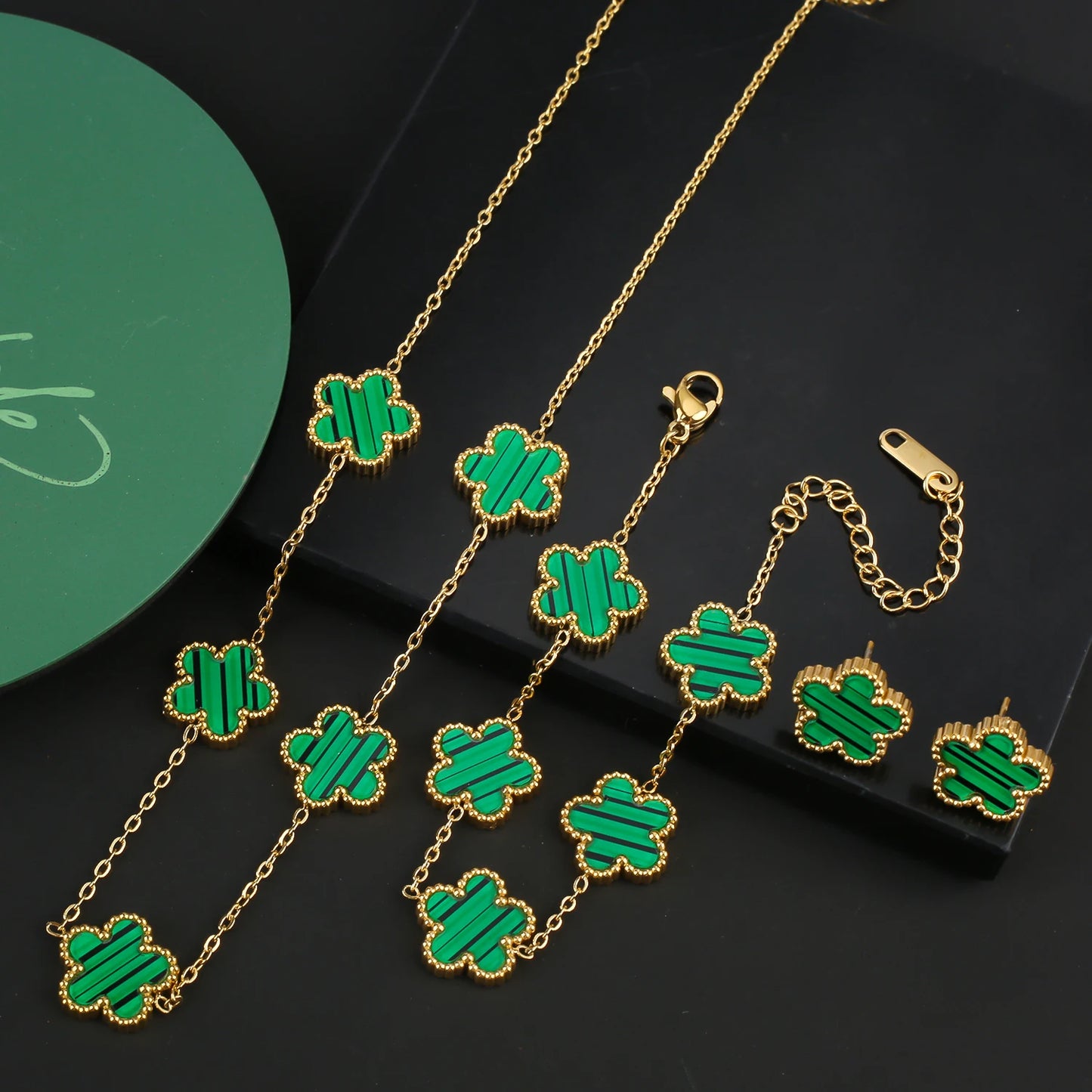 Stainless Steel Five Leaf Flower Clover Jewelry Set-Necklace, Bracelet, Earrings SET