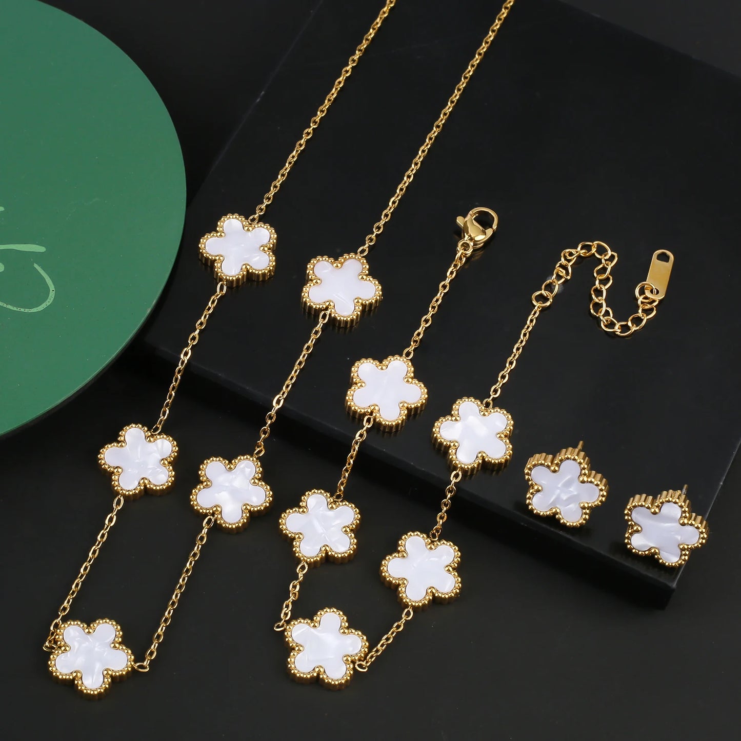 Stainless Steel Five Leaf Flower Clover Jewelry Set-Necklace, Bracelet, Earrings SET