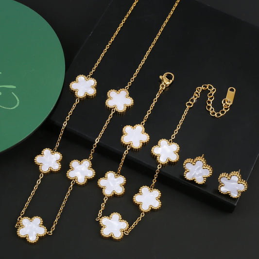 Stainless Steel Five Leaf Flower Clover Jewelry Set-Necklace, Bracelet, Earrings SET