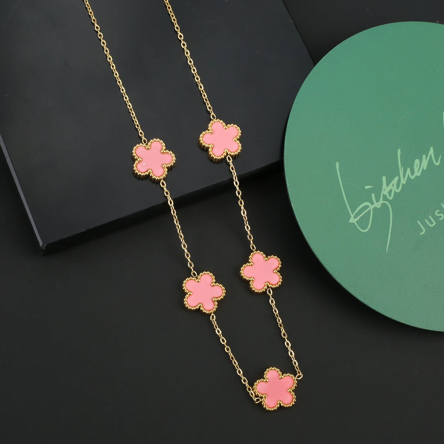 Stainless Steel Five Leaf Flower Clover Jewelry Set-Necklace, Bracelet, Earrings SET