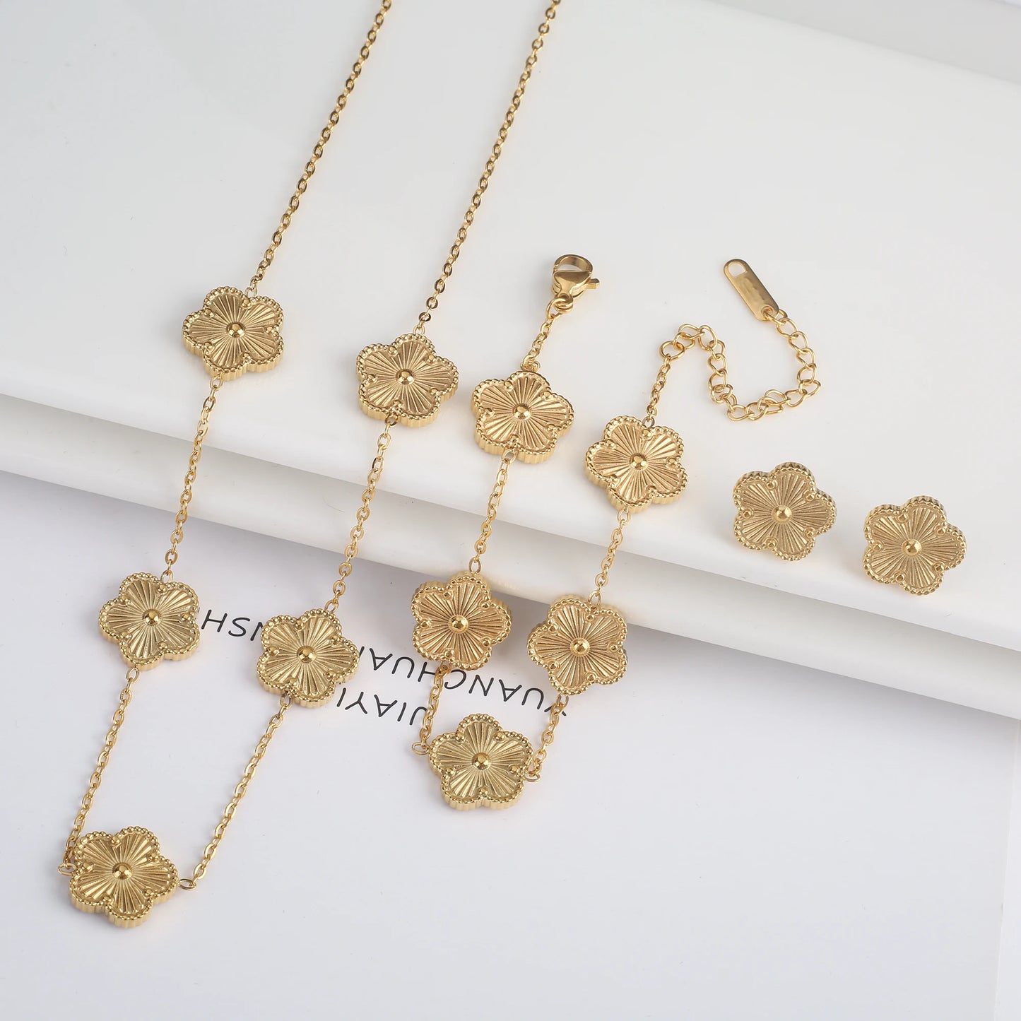 Stainless Steel Five Leaf Flower Clover Jewelry Set-Necklace, Bracelet, Earrings SET
