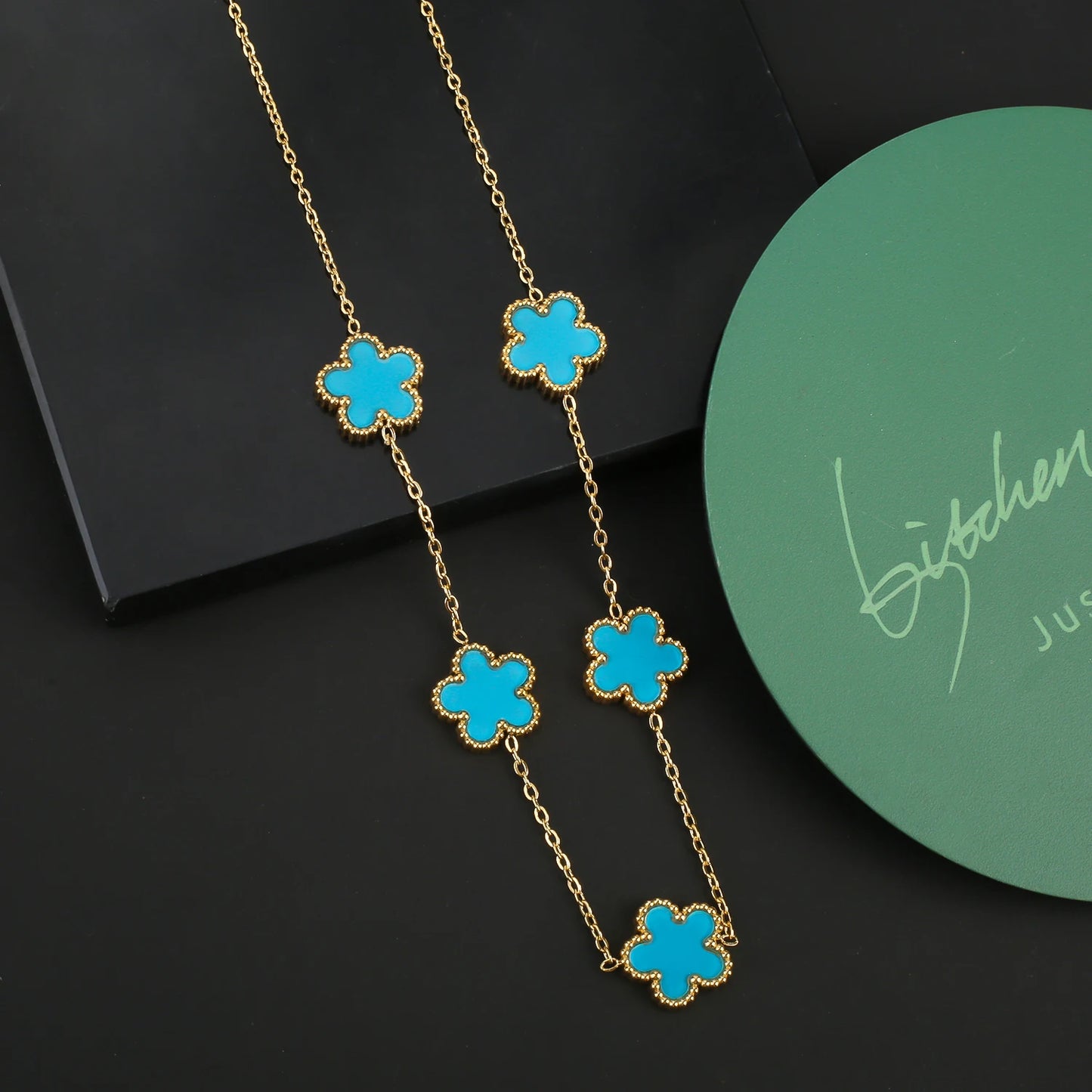 Stainless Steel Five Leaf Flower Clover Jewelry Set-Necklace, Bracelet, Earrings SET