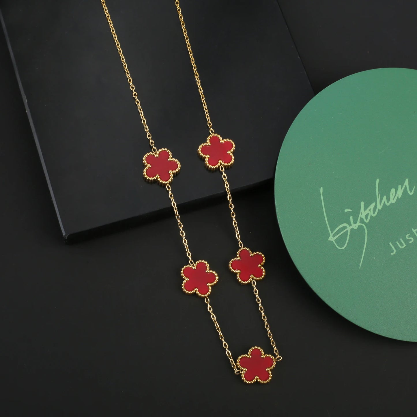 Stainless Steel Five Leaf Flower Clover Jewelry Set-Necklace, Bracelet, Earrings SET