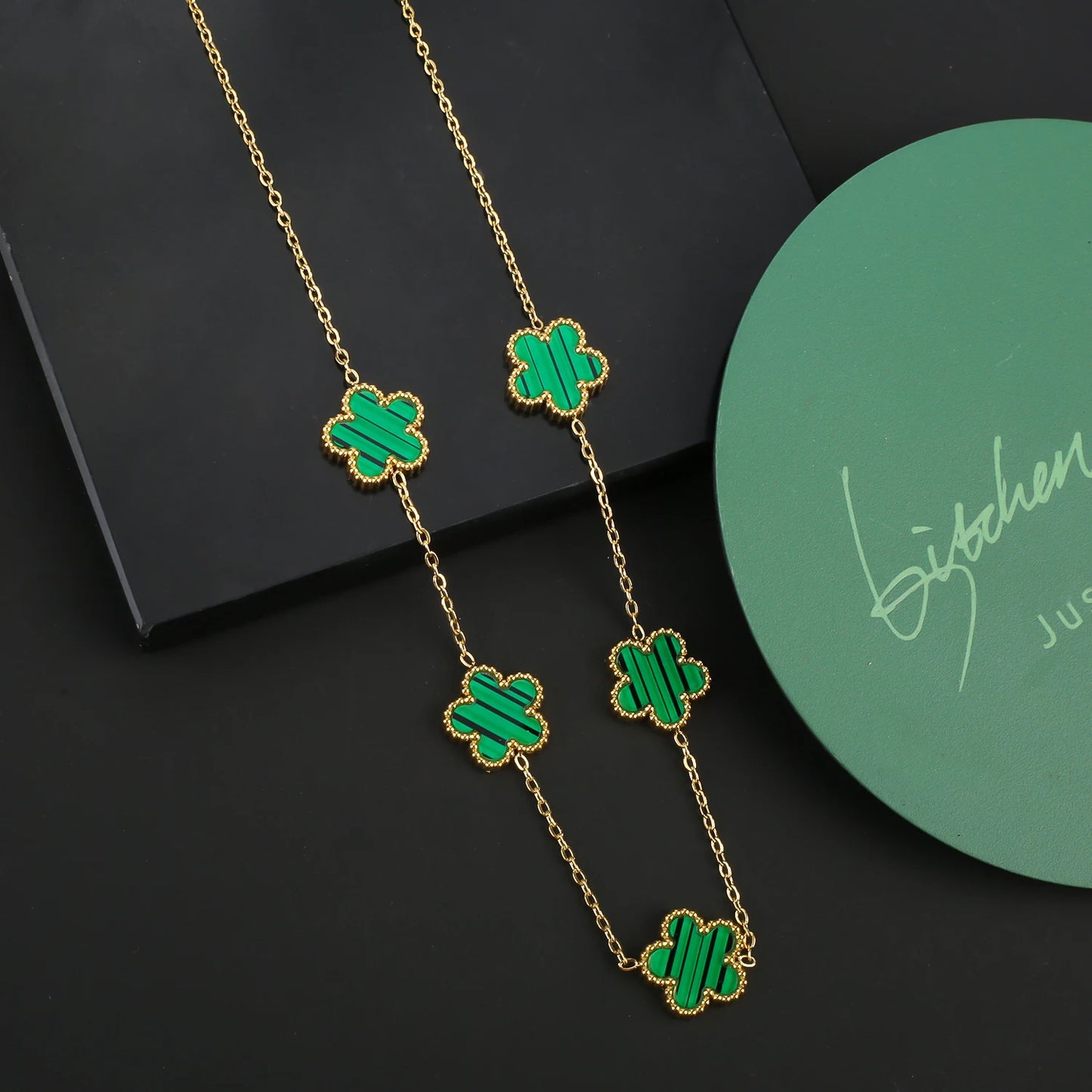 Stainless Steel Five Leaf Flower Clover Jewelry Set-Necklace, Bracelet, Earrings SET