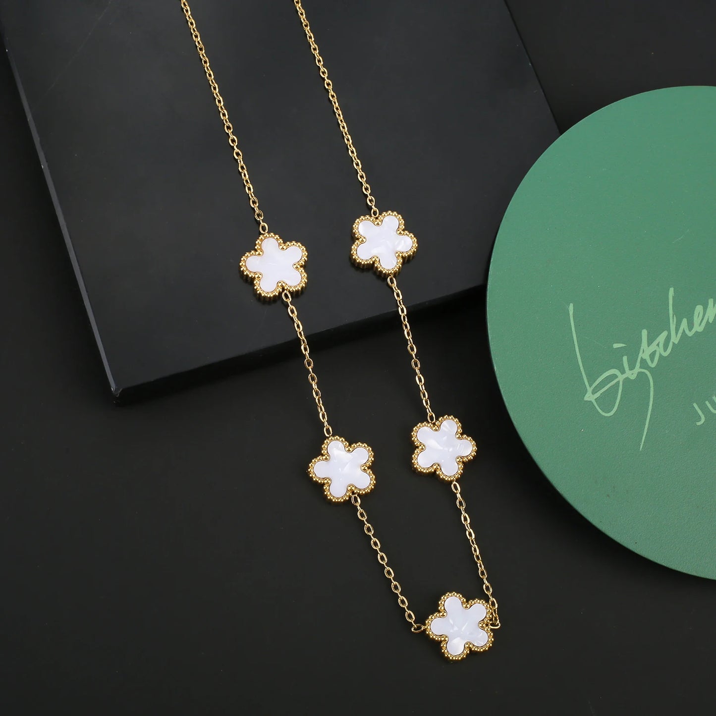 Stainless Steel Five Leaf Flower Clover Jewelry Set-Necklace, Bracelet, Earrings SET