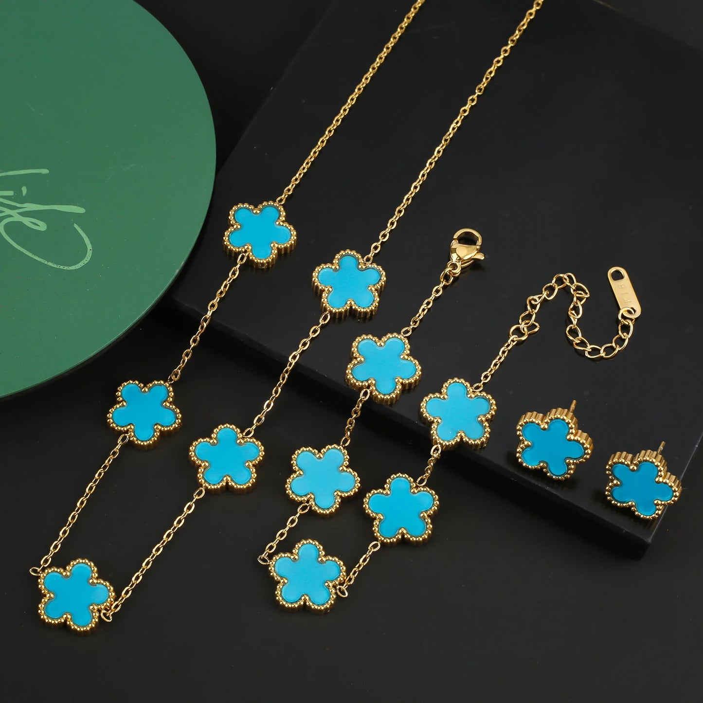 Stainless Steel Five Leaf Flower Clover Jewelry Set-Necklace, Bracelet, Earrings SET