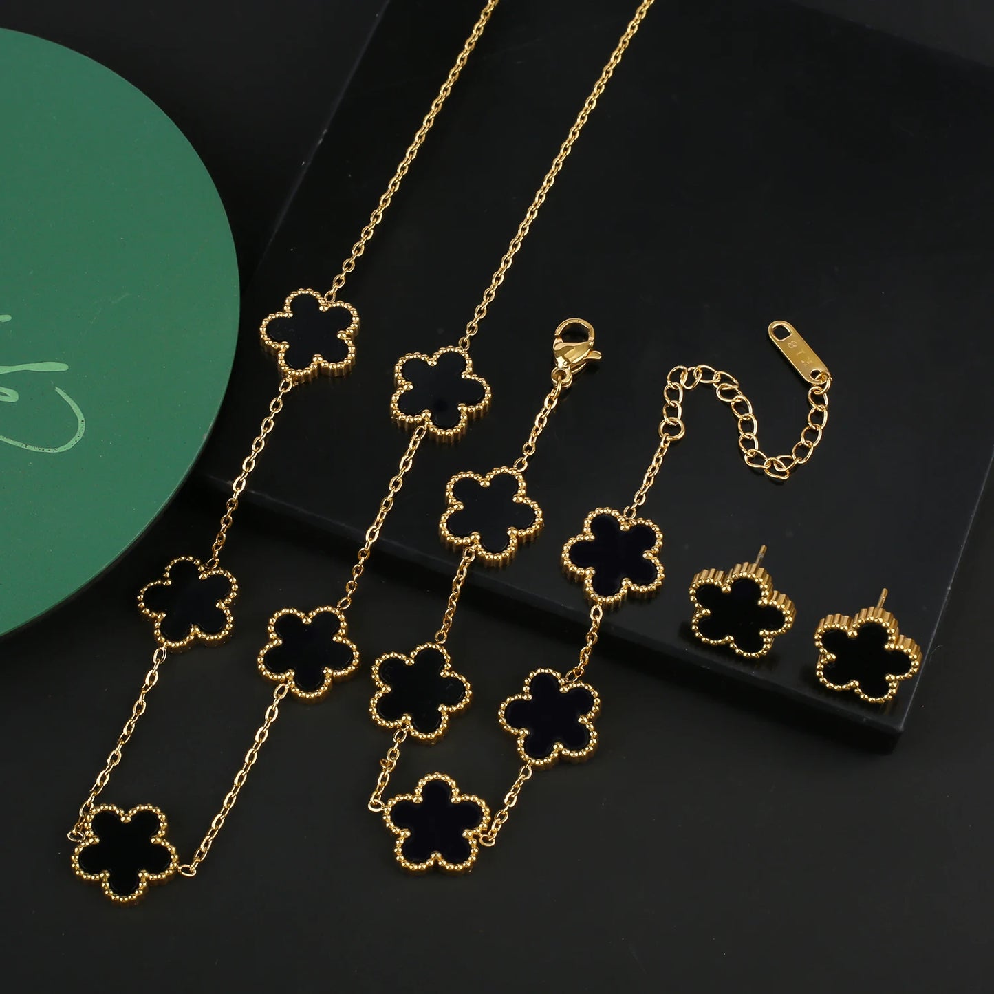 Stainless Steel Five Leaf Flower Clover Jewelry Set-Necklace, Bracelet, Earrings SET