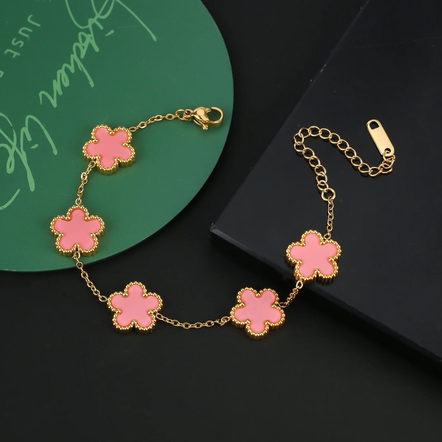 Stainless Steel Five Leaf Flower Clover Jewelry Set-Necklace, Bracelet, Earrings SET