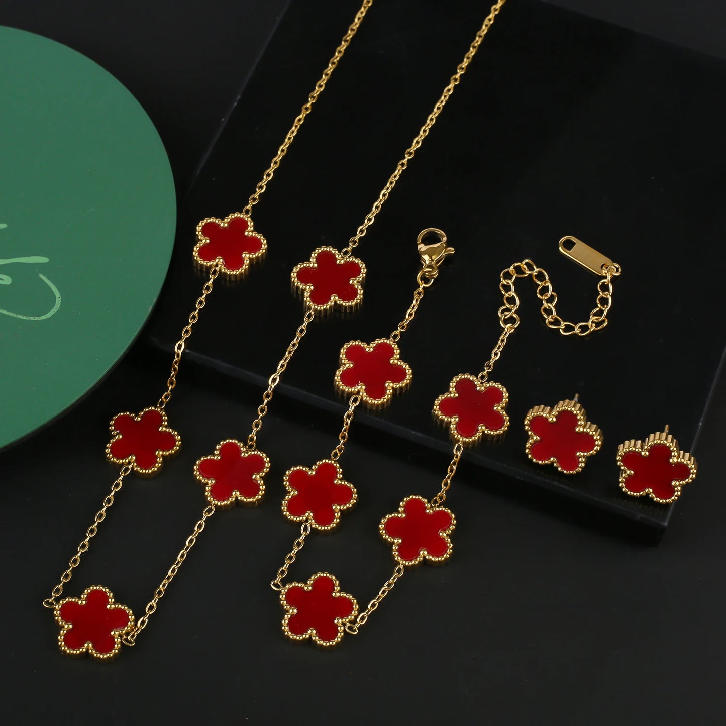 Stainless Steel Five Leaf Flower Clover Jewelry Set-Necklace, Bracelet, Earrings SET