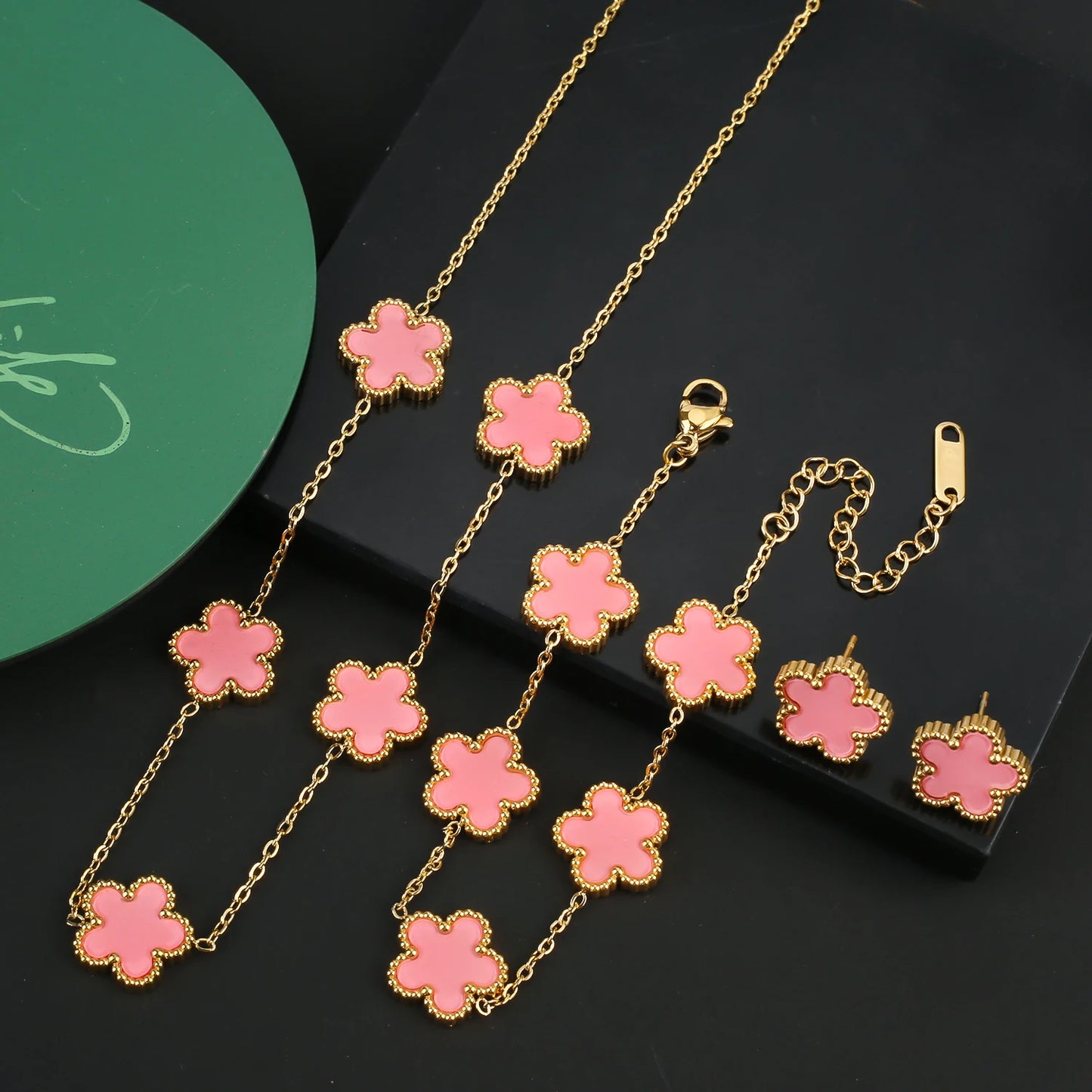Stainless Steel Five Leaf Flower Clover Jewelry Set-Necklace, Bracelet, Earrings SET
