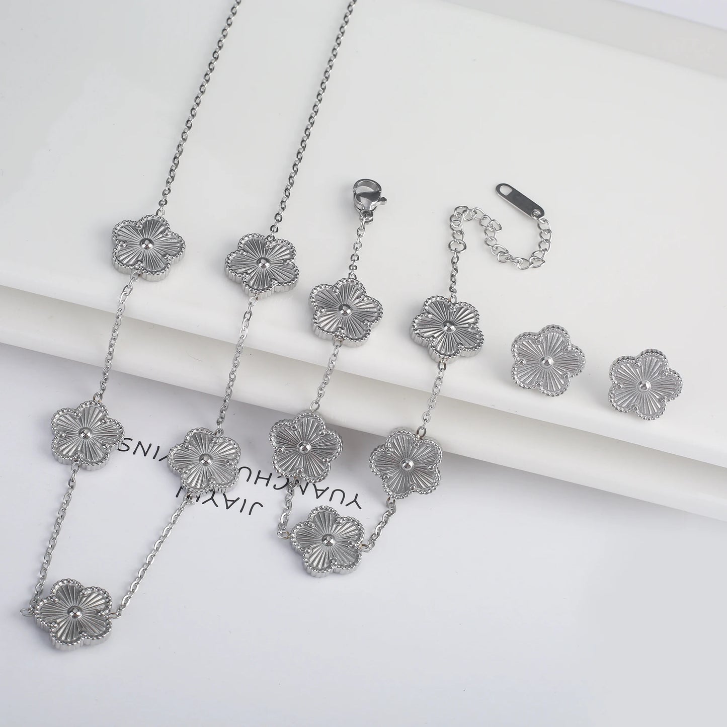 Stainless Steel Five Leaf Flower Clover Jewelry Set-Necklace, Bracelet, Earrings SET