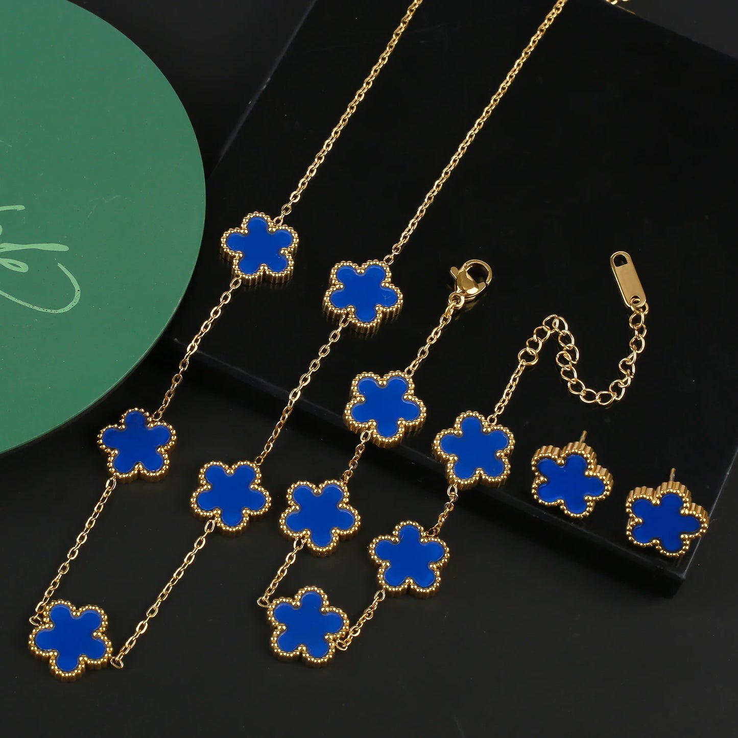 Stainless Steel Five Leaf Flower Clover Jewelry Set-Necklace, Bracelet, Earrings SET