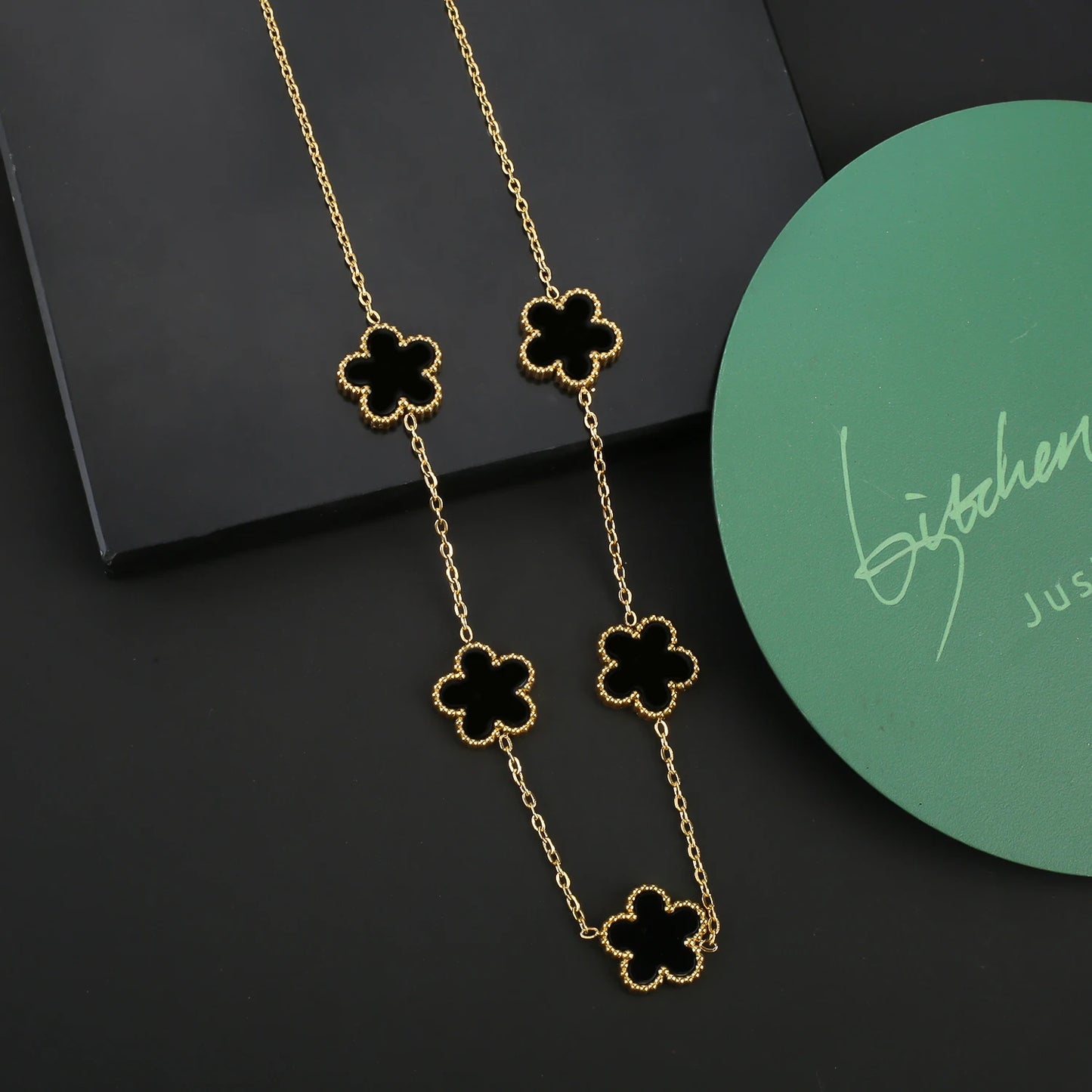 Stainless Steel Five Leaf Flower Clover Jewelry Set-Necklace, Bracelet, Earrings SET