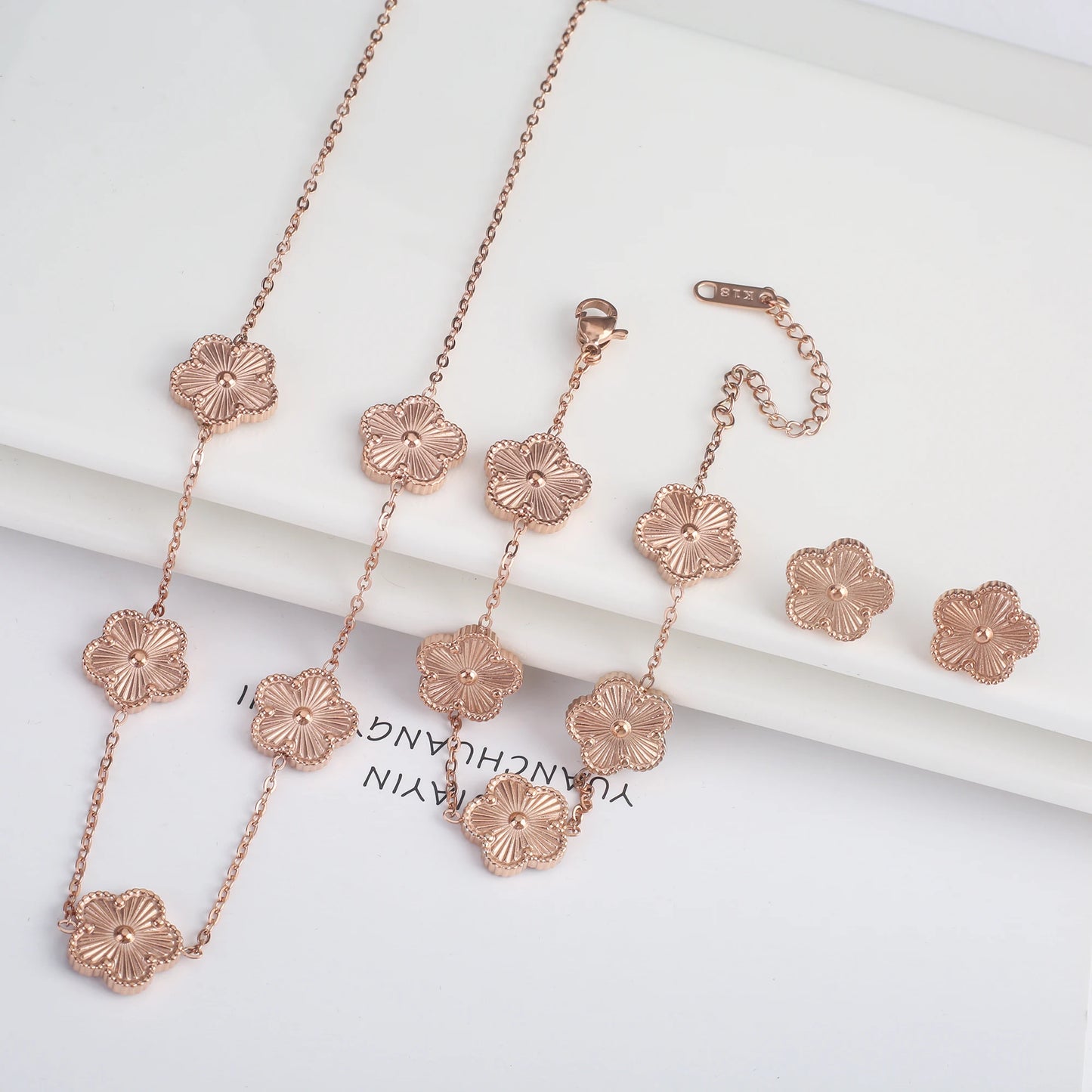 Stainless Steel Five Leaf Flower Clover Jewelry Set-Necklace, Bracelet, Earrings SET